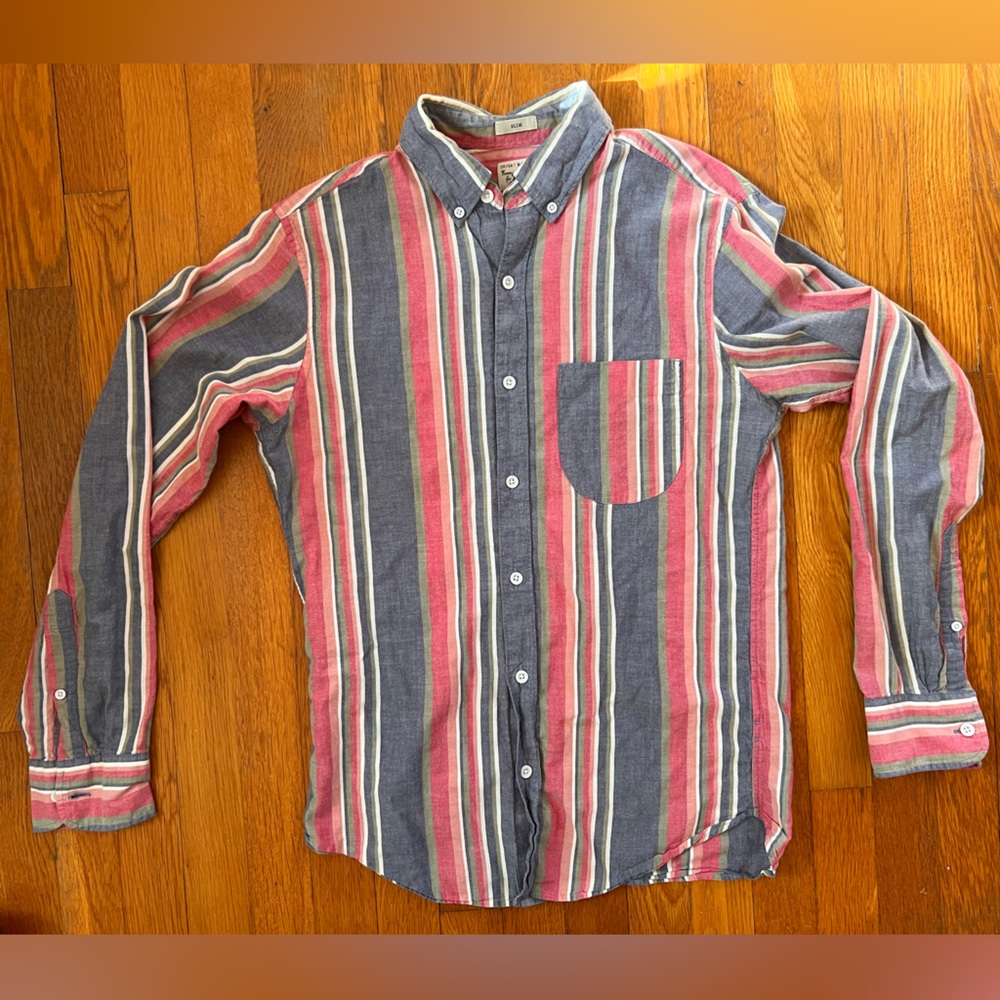 J. Crew Striped Lightweight Cotton Button-Down Shirt in Blue, Green, Red/Pink